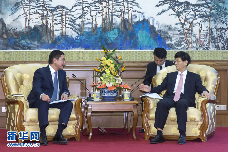 7月19日，中共中央政治局委員、中央政法委書記孟建柱在北京會見烏茲別克斯坦副總理庫奇卡羅夫。 新華社記者崔新鈺攝