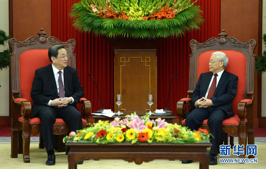 12月25日至27日，中共中央政治局常委、全國政協主席俞正聲對越南進行正式訪問。這是12月26日，俞正聲在河內會見越共中央總書記阮富仲。 新華社記者馬占成攝