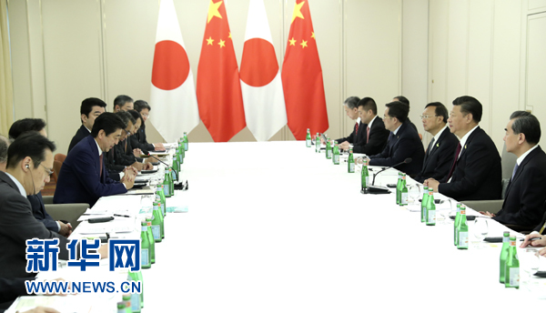 7月8日，國家主席習近平應約在漢堡會見日本首相安倍晉三。新華社記者 馬占成 攝